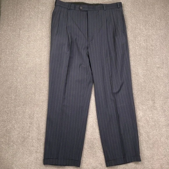 Stafford Executive Suit Mens 44L 36W 30L Navy Pinstripe 2 Button Office Wool